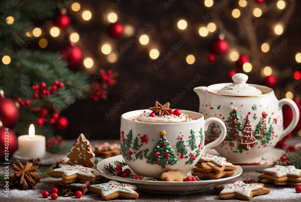 A cozy Christmas tea setup featuring a warm cup of tea surrounded by holiday gingerbread cookies in festive shapes, such as stars and trees. A cozy Christmas tea setup featuring a warm cup of tea surrounded by holiday gingerbread cookies in festive shapes, such as stars and trees.