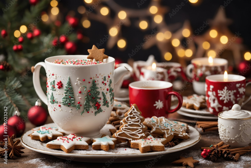 A cozy Christmas tea setup featuring a warm cup of tea surrounded by holiday gingerbread cookies in festive shapes, such as stars and trees. A cozy Christmas tea setup featuring a warm cup of tea surrounded by holiday gingerbread cookies in festive shapes, such as stars and trees.