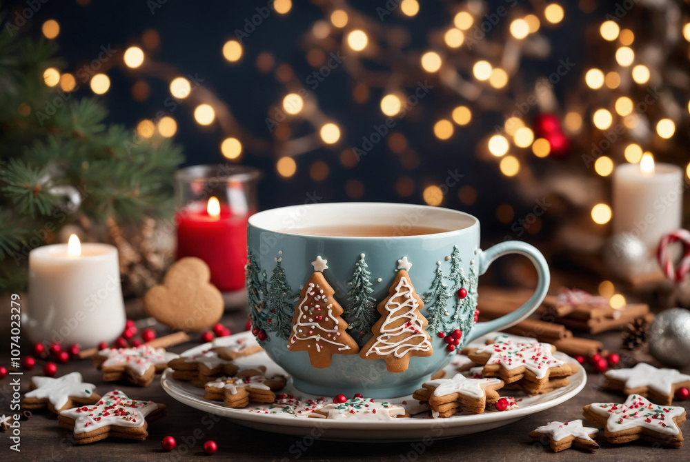 A cozy Christmas tea setup featuring a warm cup of tea surrounded by holiday gingerbread cookies in festive shapes, such as stars and trees. A cozy Christmas tea setup featuring a warm cup of tea surrounded by holiday gingerbread cookies in festive shapes, such as stars and trees.