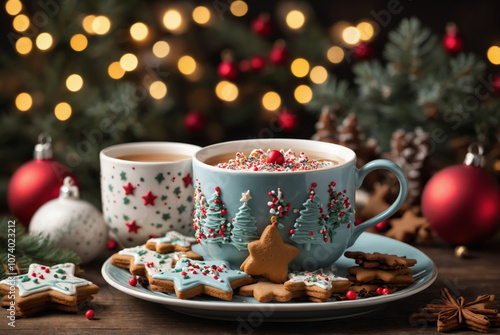 Wallpaper Mural A cozy Christmas tea setup featuring a warm cup of tea surrounded by holiday gingerbread cookies in festive shapes, such as stars and trees. Torontodigital.ca