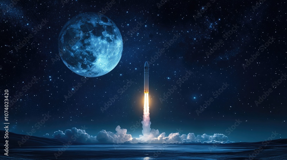 Impressive rocket launch ascends into the starry sky alongside a bright full moon marking the start of a lunar mission Concept of science and technology in action Impressive rocket launch ascends into the starry sky alongside a bright full moon marking the start of a lunar mission Concept of science and technology in action