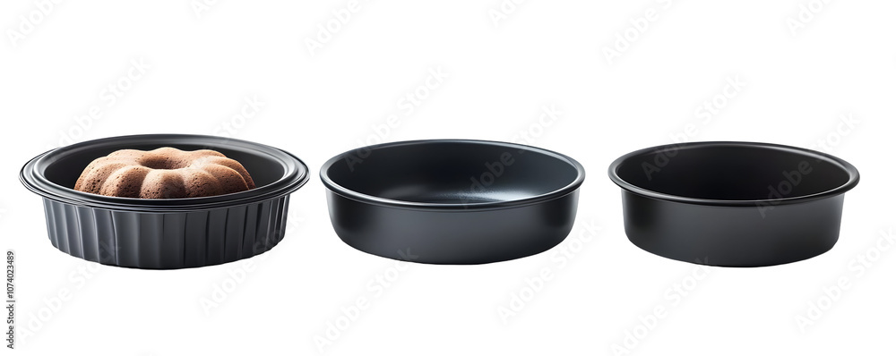 A round cake pan with a baked cake inside, two empty round cake pans, isolated from background. A round cake pan with a baked cake inside, two empty round cake pans, isolated from background.