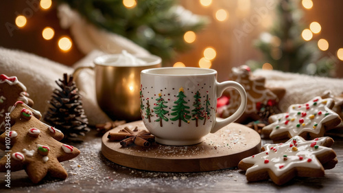 A cozy Christmas tea setup featuring a warm cup of tea surrounded by holiday gingerbread cookies in festive shapes, such as stars and trees.