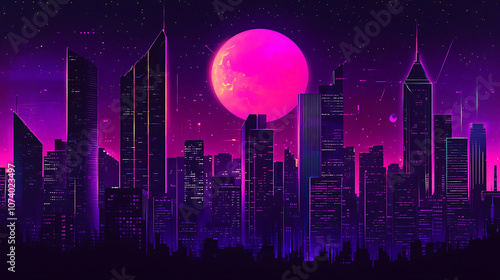 A futuristic cityscape at night, illuminated neon lights and skyscrapers with purple hues, showcasing the vibrant energy of cyberpunk aesthetics