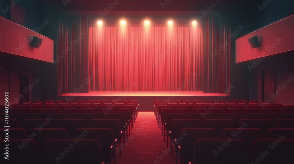 Fototapeta premium Interior Theater Hall With Red Seats And Stage Spotlight Draped Curtains For Performances Seating Arrangement In Illuminated Area