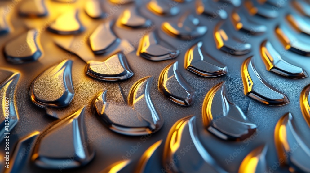 Obraz premium Gold and silver metallic surface with diamond plate texture, 3D chrome elements reflecting light, high-contrast sheen, smooth and polished finish