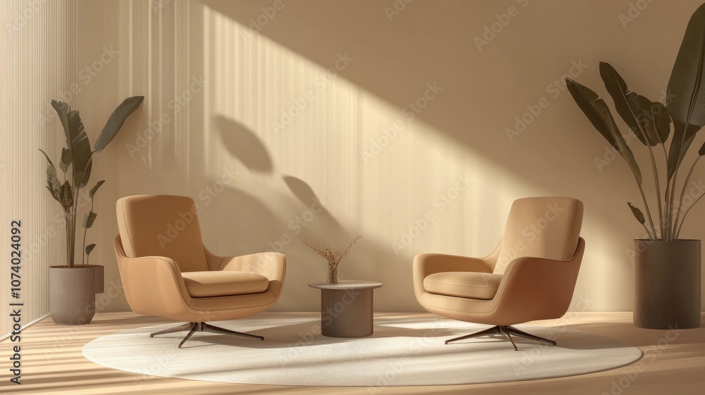 Fototapeta premium Two Stylish Armchairs In Neutral Tones Leather And Textile Textures On A Round Carpet In A Modern Living Room Setup