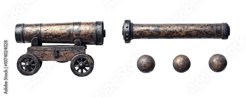 An old cannon with wheels and a barrel, along with three cannon balls, isolated on a white background. Transparent background PNG.