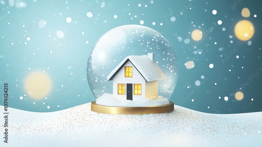 Delicate White Glass Snow Globe Featuring A Tiny House On A Glittering Snow Background With Magical Golden Holiday Lights Delicate White Glass Snow Globe Featuring A Tiny House On A Glittering Snow Background With Magical Golden Holiday Lights