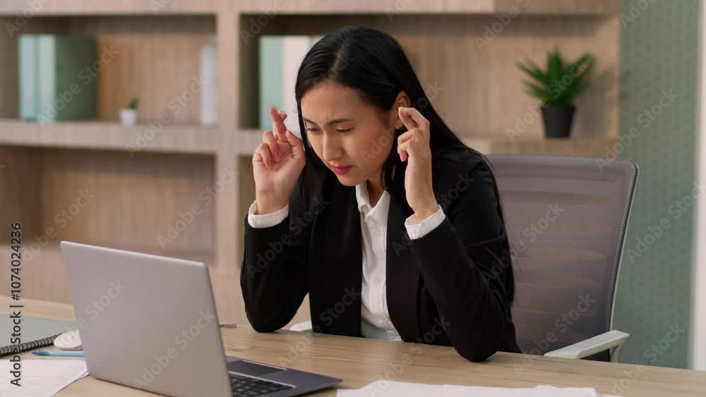 Worried Asian Korean business woman female worker entrepreneur Japanese Chinese nervous businesswoman girl looking laptop computer device hoping crossed fingers gesture pray begging wishing at office Worried Asian Korean business woman female worker entrepreneur Japanese Chinese nervous businesswoman girl looking laptop computer device hoping crossed fingers gesture pray begging wishing at office