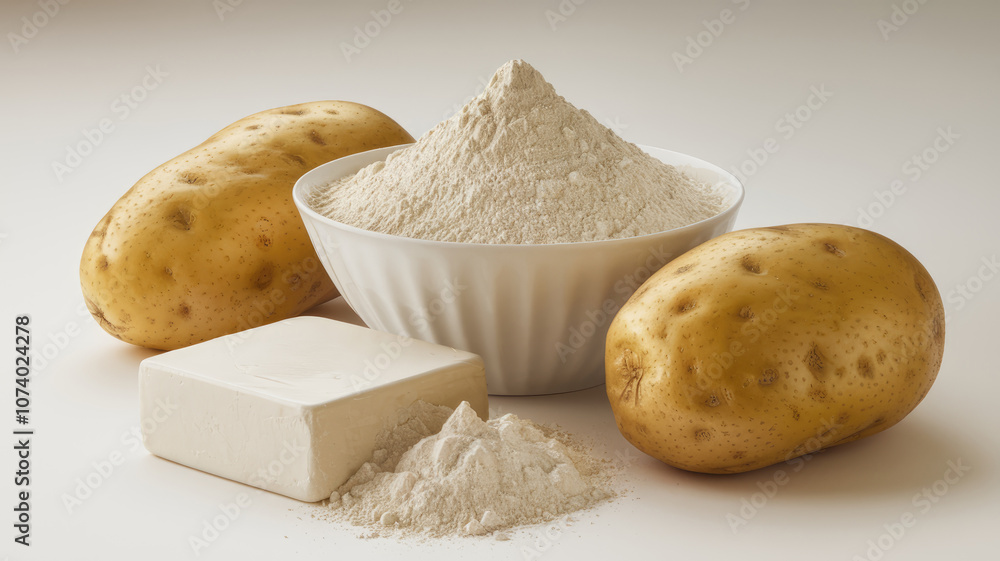 A white bowl with a white potato and a white block of cheese. The potato is cut in half and the cheese is in the bowl A white bowl with a white potato and a white block of cheese. The potato is cut in half and the cheese is in the bowl