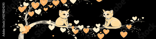 Cute Cats on Heart Tree Branch - Whimsical Cat Illustration with Heart-Shaped Leaves on Black Background for Valentine Decoration or Wall Art Inspiration