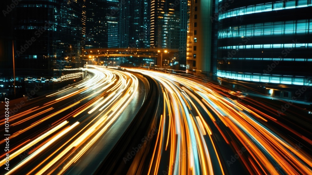 Light trails against a contemporary building background Nighttime urban environment featuring abstract motion blur traffic transportation streets and speed Light trails against a contemporary building background Nighttime urban environment featuring abstract motion blur traffic transportation streets and speed