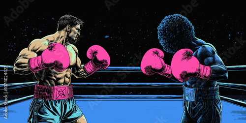 Dynamic boxing match in vibrant neon colors featuring muscular athletes with pink gloves and shorts, highlighting strength, competition, and sportsmanship in the ring