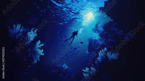 Wallpaper Mural Night Diving In Reef Snorkel In Caribbean Sea Exploring Ocean In Darkness Surrounded By Blue Fish And Colorful Coral Sunlight Above Torontodigital.ca