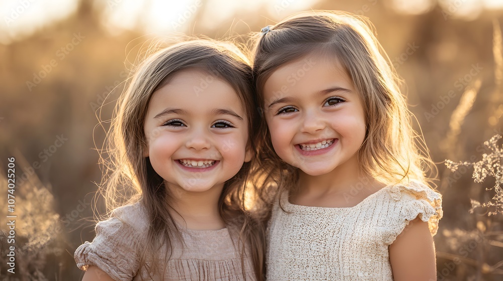 Two little girls smiling at the camera in a field Two little girls smiling at the camera in a field