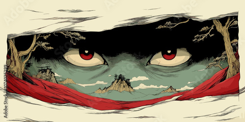 Mysterious Eyes in Fantasy Landscape with Red Cloth, Asian Mountains, and Gnarled Trees - Enigmatic Art Illustration with Stormy Sky and Intriguing Atmosphere