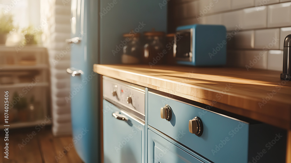Classic kitchen interior with integrated appliances, a built-in electric oven, a wooden countertop, and a blue fridge beside the drawers Classic kitchen interior with integrated appliances, a built-in electric oven, a wooden countertop, and a blue fridge beside the drawers