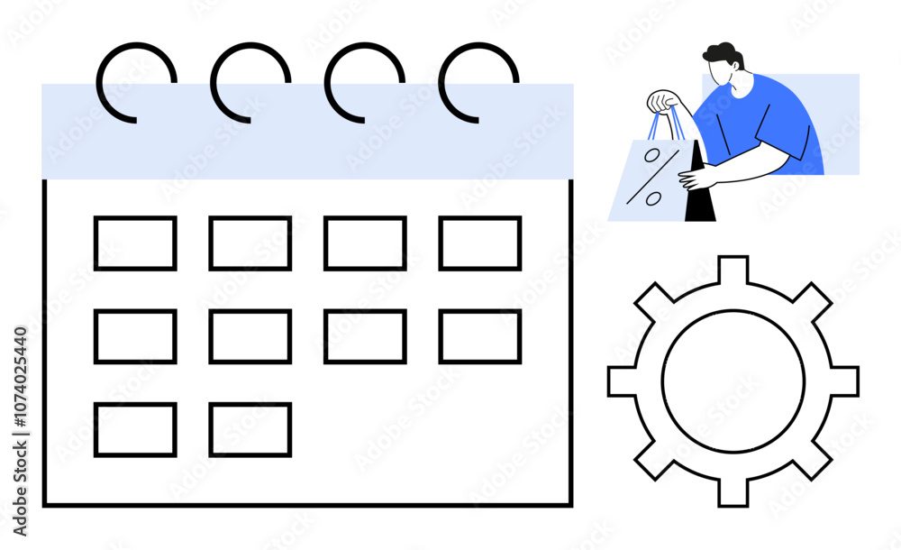 Calendar with rings, person holding shopping bag, and gear representing planning and productivity. Ideal for project management, scheduling, shopping, productivity, time management, planning Calendar with rings, person holding shopping bag, and gear representing planning and productivity. Ideal for project management, scheduling, shopping, productivity, time management, planning