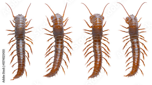 Four Brown Centipedes Displayed with Spiky Legs and Segmented Bodies Against a White Background, Transparent Background PNG