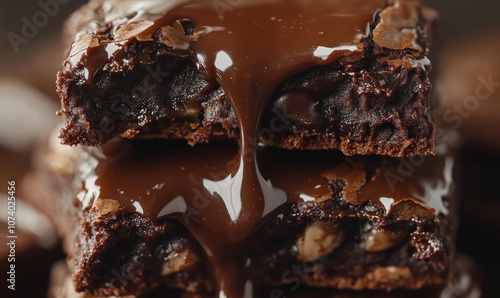 close-up of chocolate brownie with melting chocolate drizzle, rich and gooey dessert treat