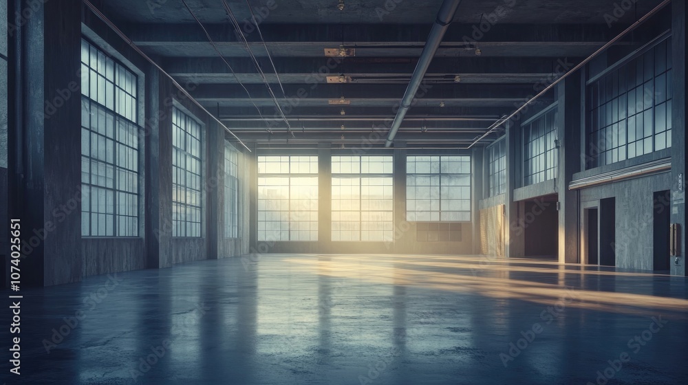 Illuminated Empty Warehouse With Concrete Floors And Windows Modern Industrial Interior Background With Copy Space 3D Render Illuminated Empty Warehouse With Concrete Floors And Windows Modern Industrial Interior Background With Copy Space 3D Render
