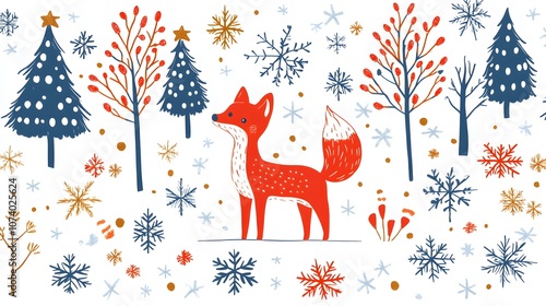 Scandinavian Christmas illustration with cute woodland fox, woods and snowflakes. Hand drawn Nordic forest illustration. Perfect for tee shirt logo, greeting card, poster or print design.
 photo