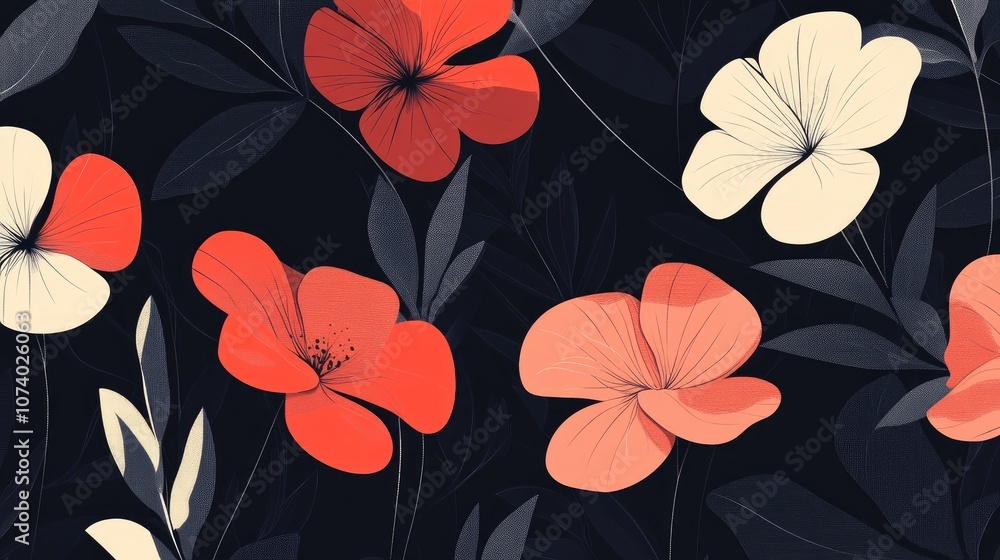 Fototapeta premium Seamless Floral Pattern Featuring Abstract Flowers And Leaves In Soft Pastel Tones On A Dark Background Modern Garden Inspired Design