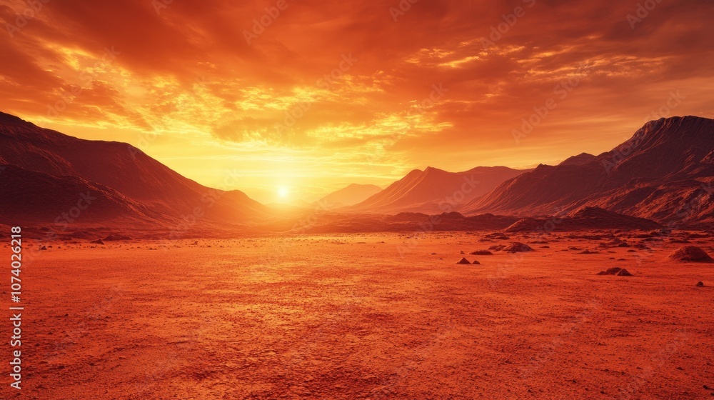 Vibrant red and orange landscape reminiscent of Mars in a desert environment featuring mountainous backdrops under a cloudy morning sky Ideal for sci fi film settings Vibrant red and orange landscape reminiscent of Mars in a desert environment featuring mountainous backdrops under a cloudy morning sky Ideal for sci fi film settings
