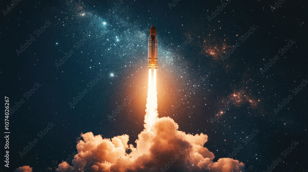 Rocket ascends into the star filled sky leaving a cloud of smoke as it journeys beyond the atmosphere Rocket ascends into the star filled sky leaving a cloud of smoke as it journeys beyond the atmosphere