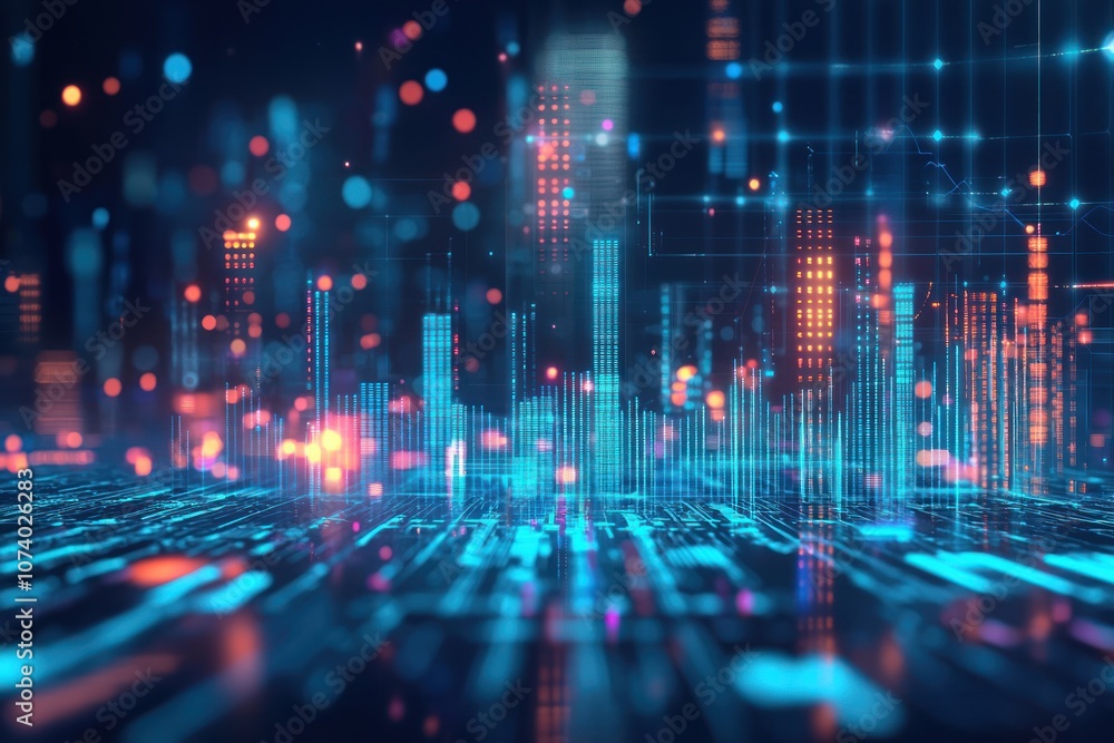 Abstract Digital Cityscape with Neon Lights and Data Grids Abstract Digital Cityscape with Neon Lights and Data Grids