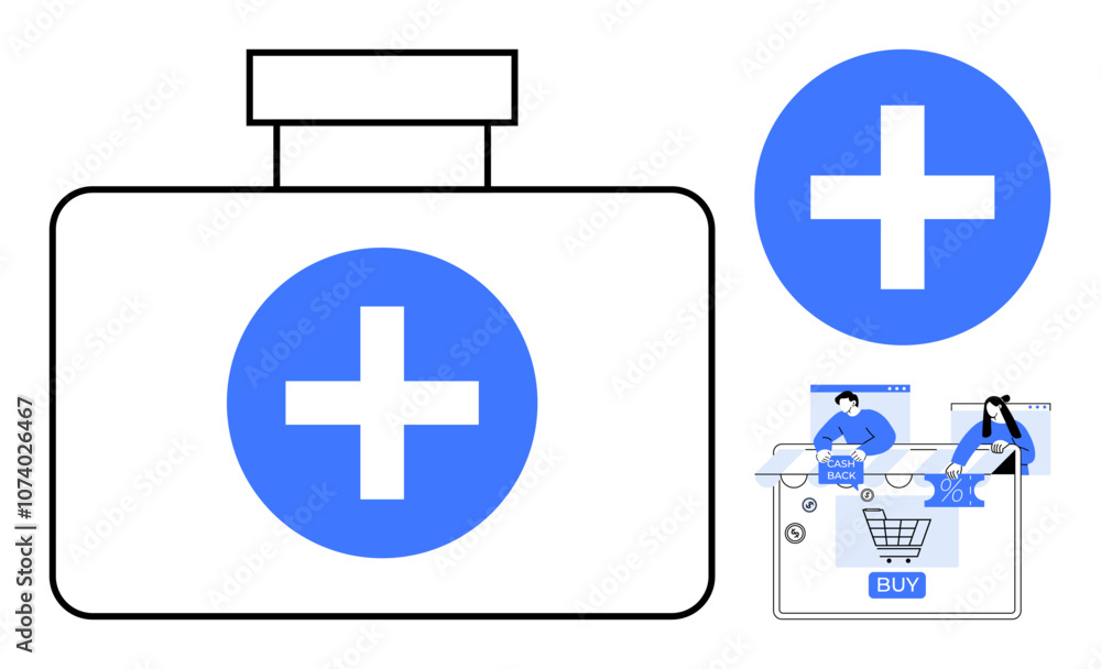 Obraz premium Large medical kit with blue cross, online shopping icons with healthcare elements. Ideal for telemedicine, online pharmacy, health apps, medical supplies, e-commerce, healthcare marketing, digital