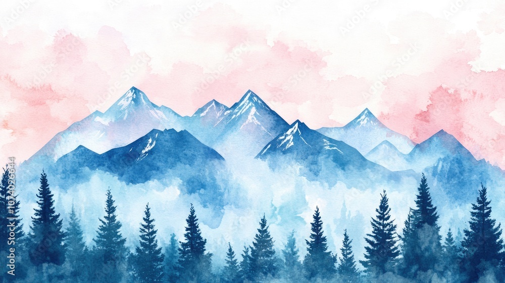 Obraz premium Mountain Landscape Background Hand Painted Watercolor Illustration Of Snow Capped Mountains Pines And Beautiful Sky