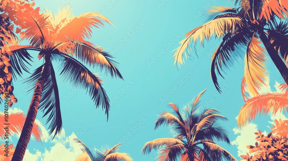 Obraz premium Toned Large Palm Trees And Jungles Against Blue Summer Sky Abstract Tropical Wallpaper Modern Fine Art Or High Quality Photo