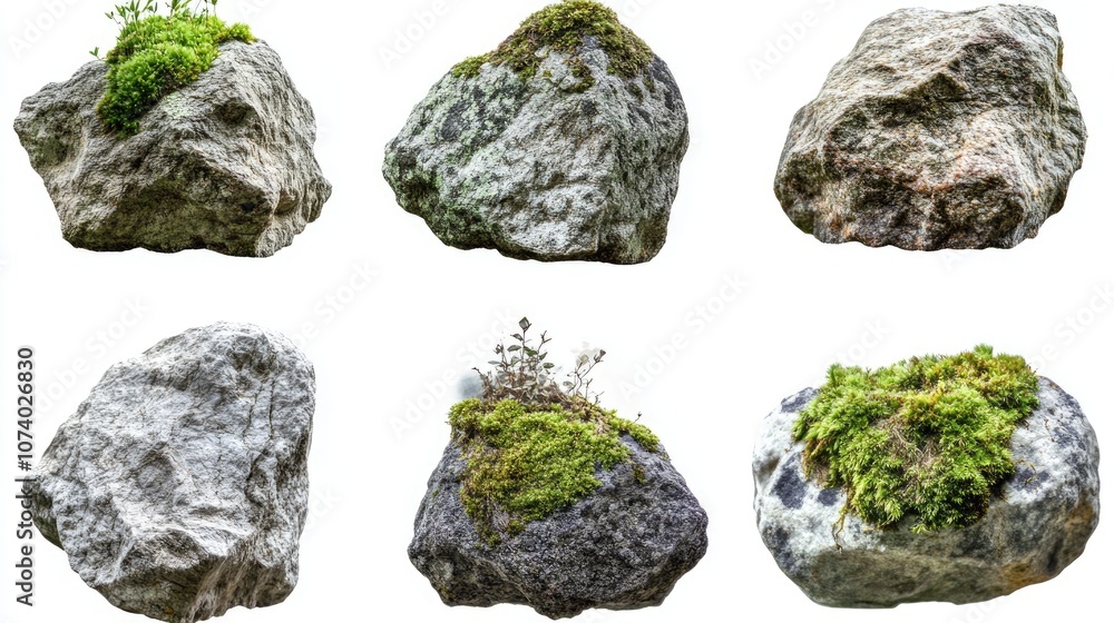 Collection of rocks adorned with moss in a natural environment isolated for emphasis