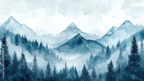 Mountain Landscape Background Hand Painted Watercolor Illustration Of Snow Capped Mountains Pines And Beautiful Sky