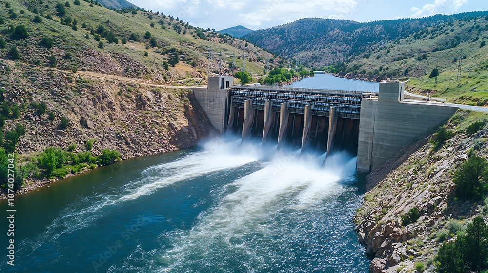 Aerial view of hydroelectric dam with water flowing through turbines renewable energy production drone photography Aerial view of hydroelectric dam with water flowing through turbines renewable energy production drone photography
