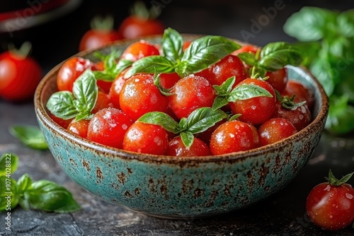 Bowl of Cherry Tomatoes with Basil and Salt