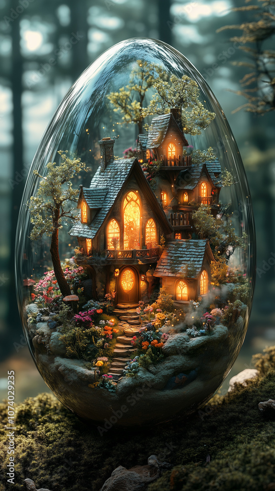 Enchanting miniature house inside a glass egg with glowing lights surrounded by flowers Enchanting miniature house inside a glass egg with glowing lights surrounded by flowers