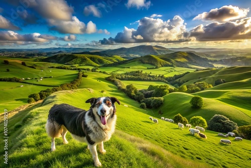 Aerial View of a New Zealand Huntaway Sheepdog Relaxing in a Lush Pasture, Embracing Retirement After Years of Dedicated Farming Work with Scenic Landscapes in the Background photo