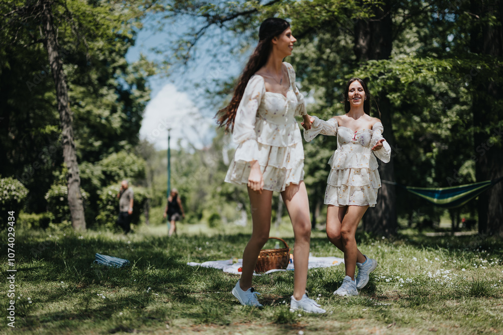 Capturing a moment of joy, two young women dance playfully in a lush green park on a bright sunny day, expressing happiness and freedom. Capturing a moment of joy, two young women dance playfully in a lush green park on a bright sunny day, expressing happiness and freedom.