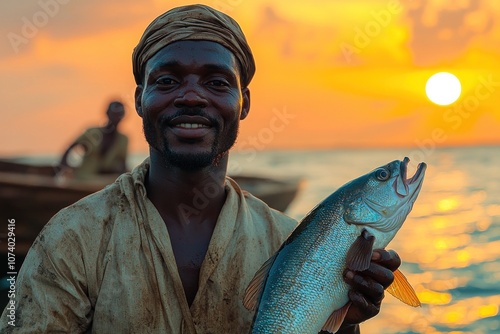 Fisherman Holding a Fish During Sunset