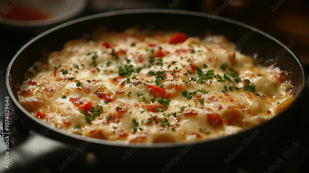 Vegetables baked with cheese in a frying pan, lasagna Hot appetizers, Restaurant service, Close-up, On a dark stone background Vegetables baked with cheese in a frying pan, lasagna Hot appetizers, Restaurant service, Close-up, On a dark stone background