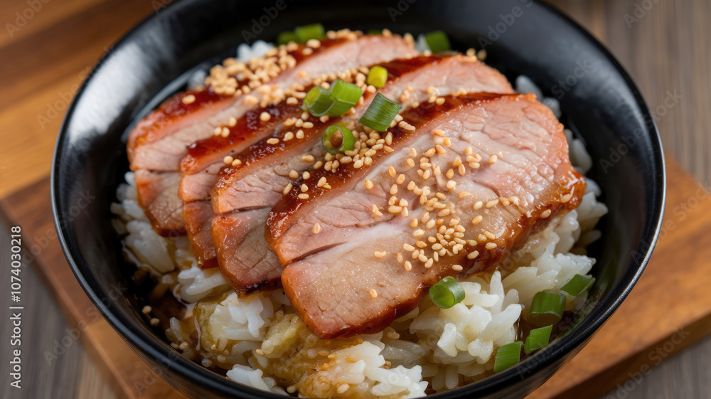 A bowl of rice and meat with sesame seeds on top. Concept of indulgence and satisfaction, as the dish is rich and flavorful. The combination of rice and meat creates a hearty and satisfying meal A bowl of rice and meat with sesame seeds on top. Concept of indulgence and satisfaction, as the dish is rich and flavorful. The combination of rice and meat creates a hearty and satisfying meal