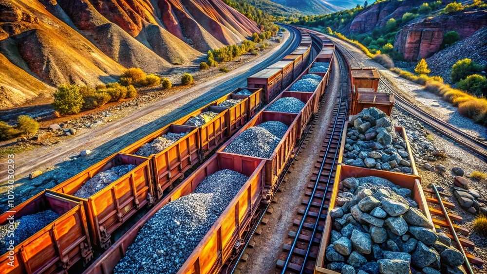 Obraz premium Aerial View of a Train Wagon Loaded with Rocks on Railway Tracks in a Mining Environment, Showcasing Industrial Transportation and Raw Material Processing