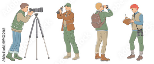 Peoples birdwatching, man and women with binoculars, camera, spotting scope and notepad in outdoor clothes