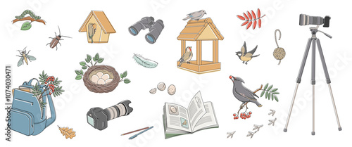 set elements about birdwatching, binoculars, camera, insects, birds, feeder, notebook, bird nest, bird eggs, bird traces