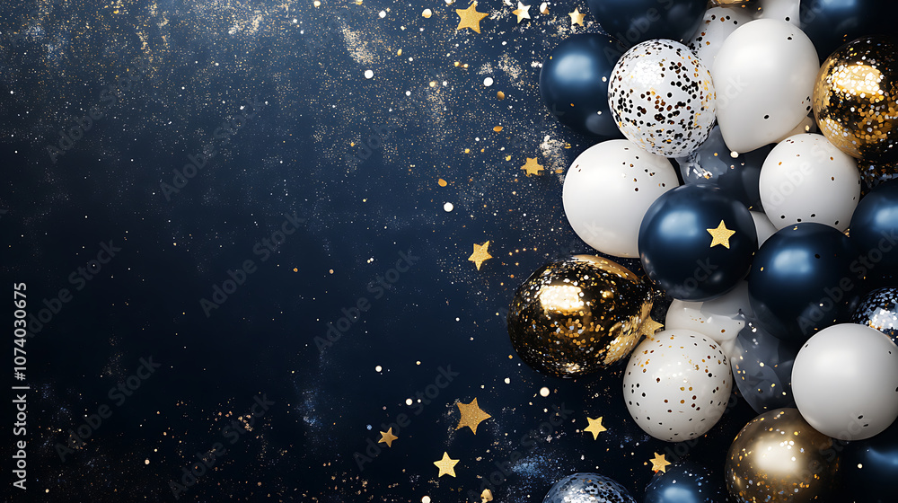 Celebration background with balloons, confetti and stars in navy blue and white colors with golden elements Celebration background with balloons, confetti and stars in navy blue and white colors with golden elements