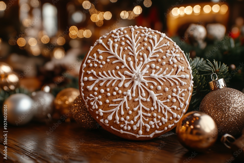 A close-up image of a large gingerbread cookie adorned with an elegant snowflake design in white icing. A close-up image of a large gingerbread cookie adorned with an elegant snowflake design in white icing.