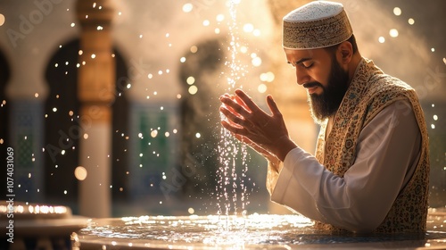 In the calm of early morning, a Muslim man engages in ablution at a courtyard fountain, preparing for prayer amidst sparkling water droplets